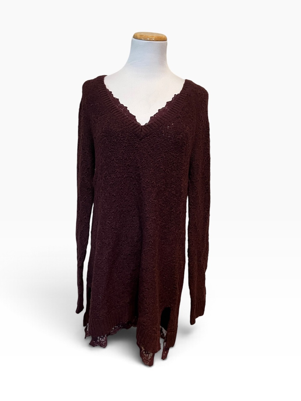 Knitted & Knotted Anthropologie Betten Burgundy Boucle Lace Tunic Sweater Medium